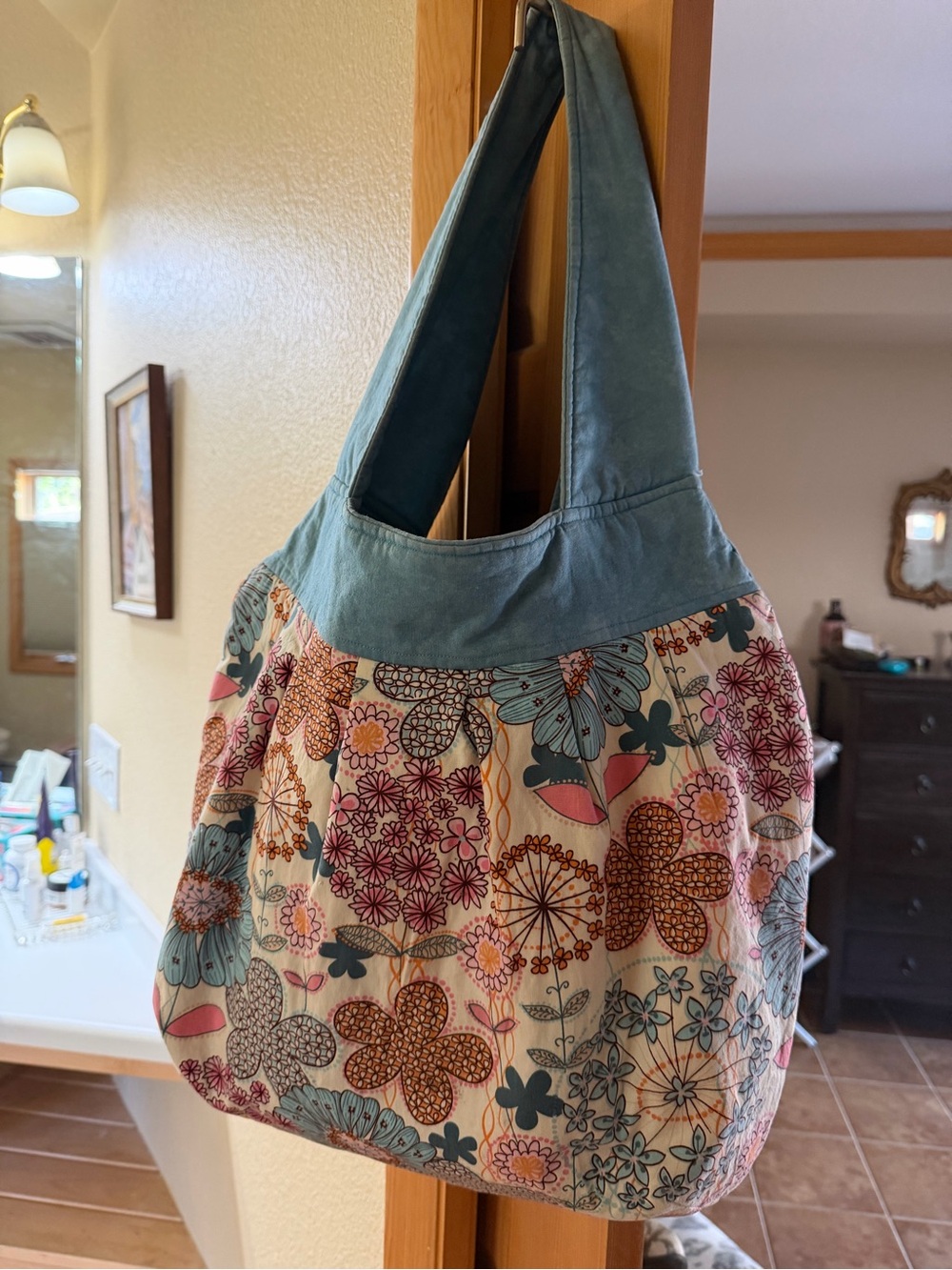 Blue Floral Quilted Shoulder Bag